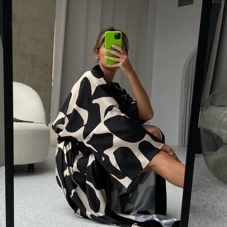 Print Long Lace-up Maxi Dress Spring Summer Nightgown Long Sleeve Kimono For Women Bathrobe Gown Sexy Home Robe Loungewear 2023