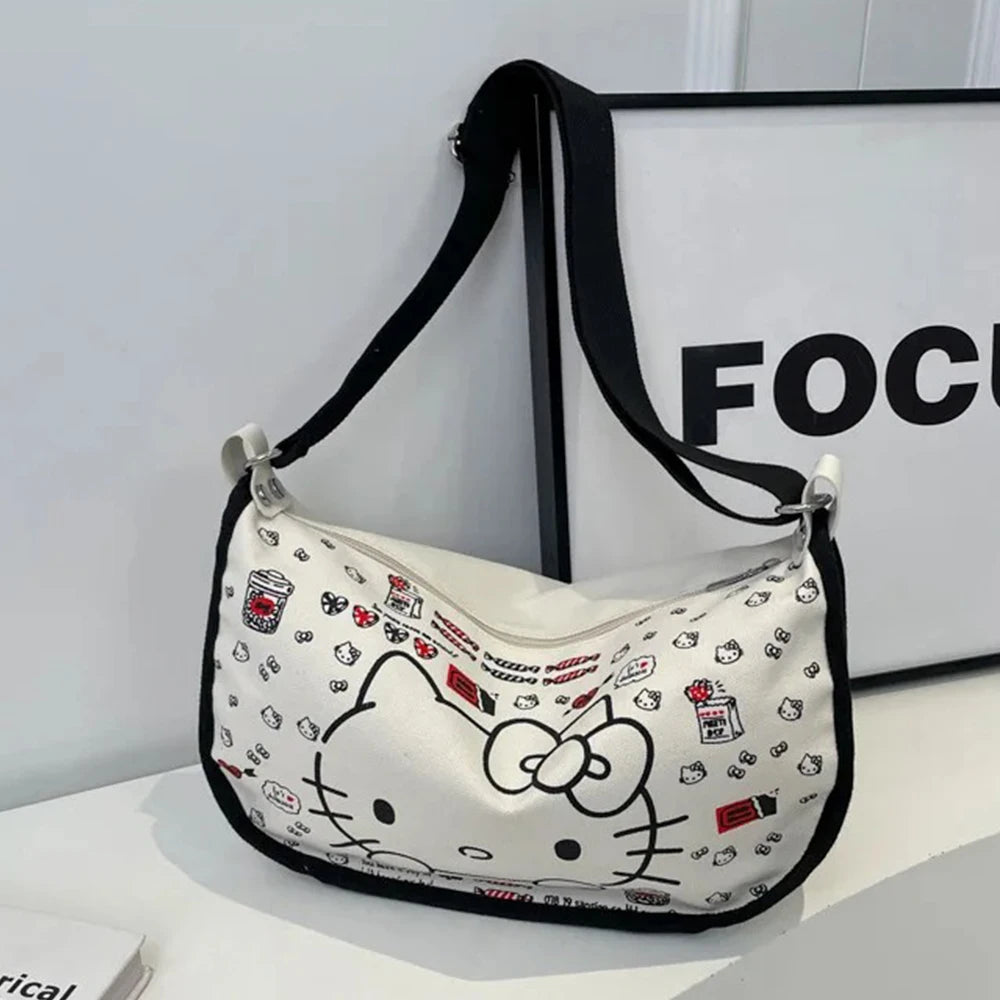 Hello Kitty Women's Tote Bag Sanrio Anime Underarm Bag Sweet Cute Portable HandBag Large Capacity Fashion Canvas Shoulder Bag ﻿