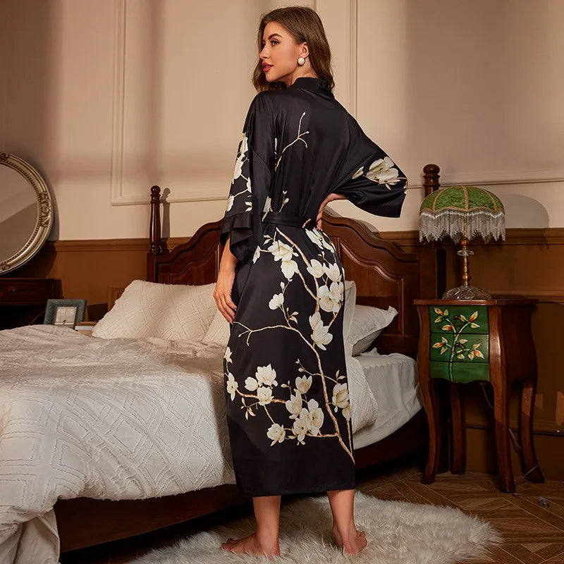 Large Size Bathrobe Kimono Print Women Bath Robe Nightgown Spring Summer Silky Satin Sleepwear Casual Dressing Gown Nightdress