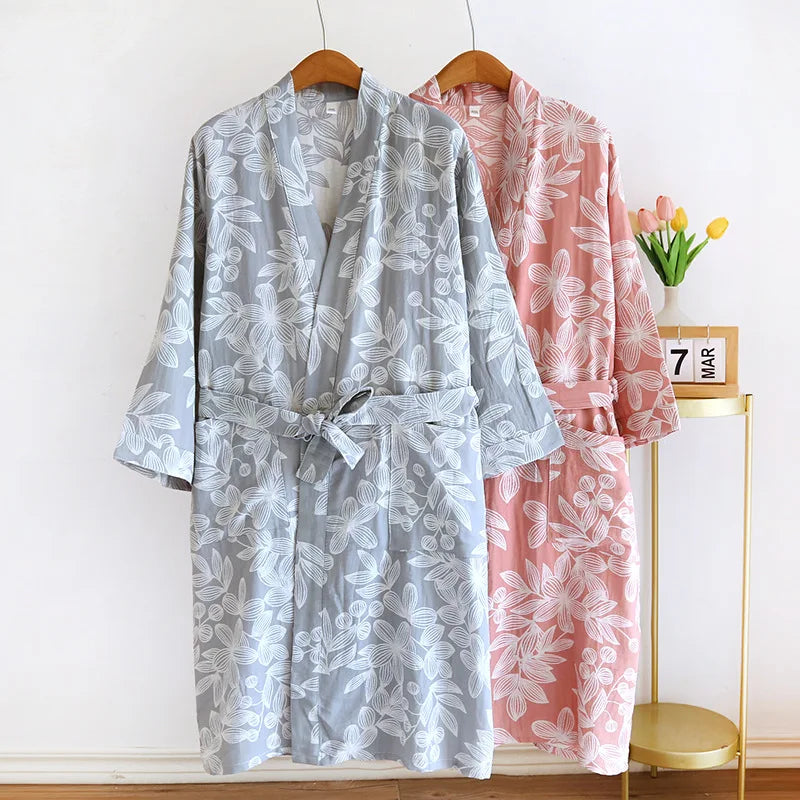 2024 Japanese Kimono Women's New 100% Cotton Loose Bathrobe Lace up Kimono Bathrobe Sweat Steaming Gown Pajama Ladies Sleepwear