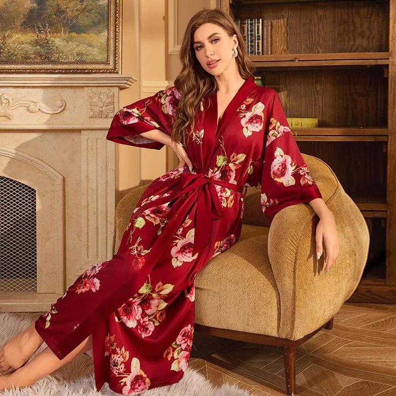 Large Size Bathrobe Kimono Print Women Bath Robe Nightgown Spring Summer Silky Satin Sleepwear Casual Dressing Gown Nightdress