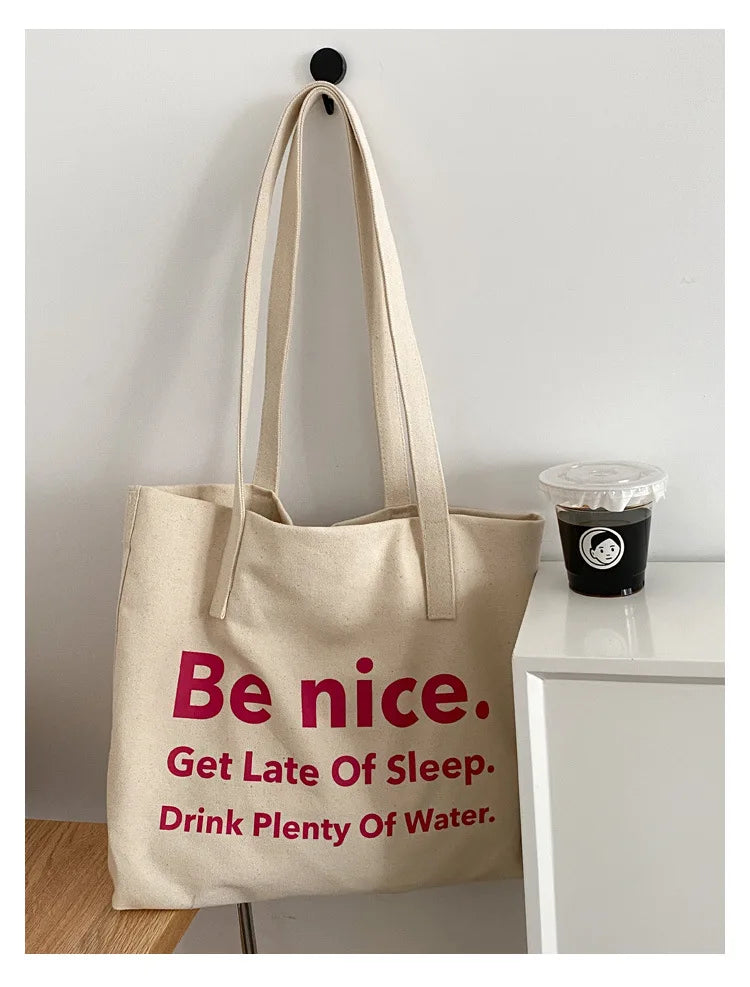 Casual BE NICE Letter Canvas Tote Beach Bags for Women Summer Shopping Purses 2023 New Big Capacity Striped Shoulder Bag