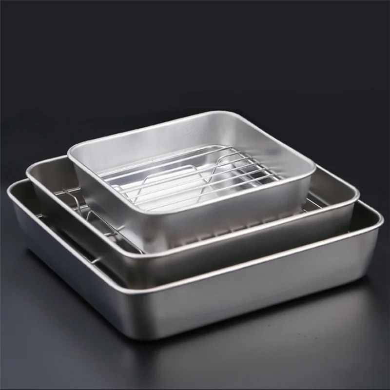 Square Stainless Steel Deepening Baking Tray Nonstick Cookie Bread Fruit Storage Plate with Grid Draining Dish Kitchen Utensils