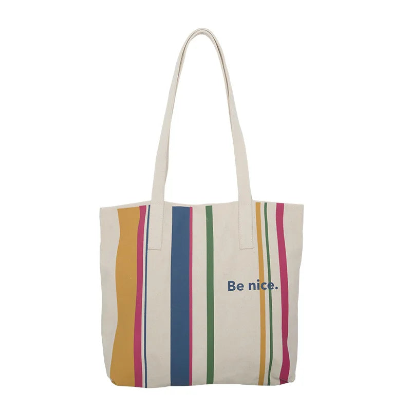 Casual BE NICE Letter Canvas Tote Beach Bags for Women Summer Shopping Purses 2023 New Big Capacity Striped Shoulder Bag