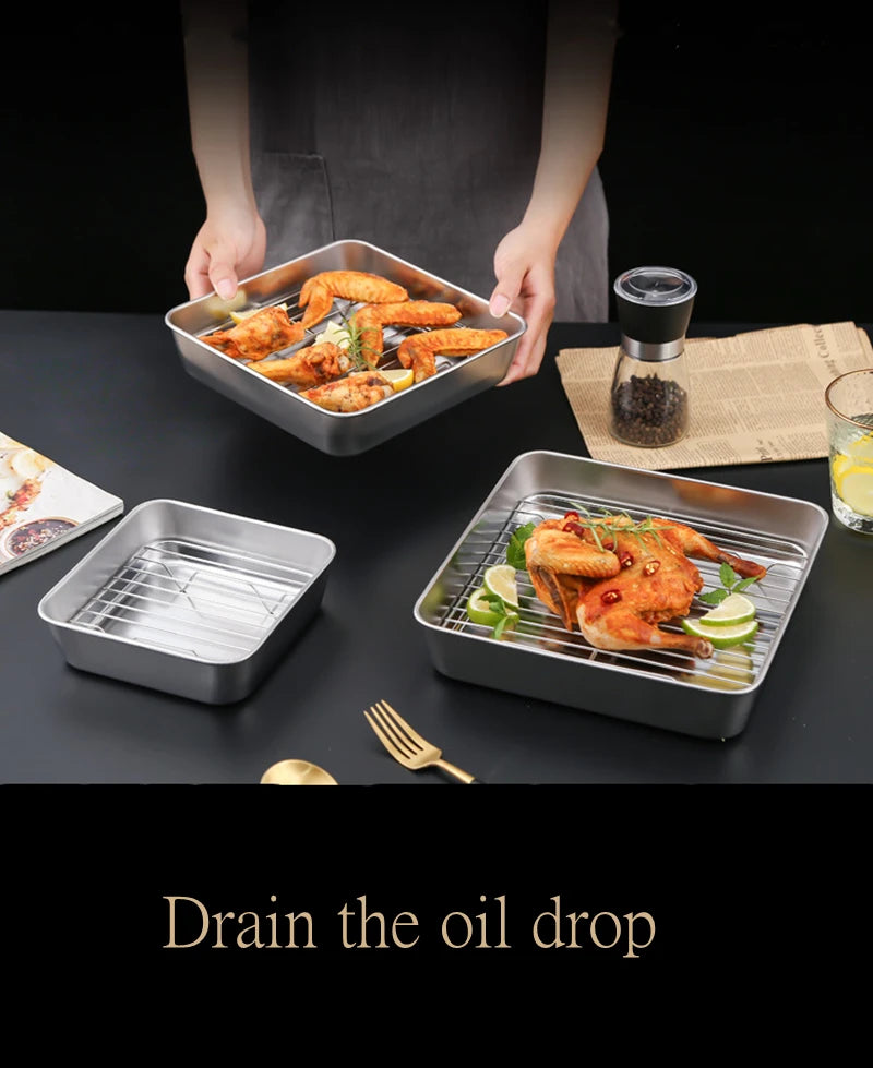 Square Stainless Steel Deepening Baking Tray Nonstick Cookie Bread Fruit Storage Plate with Grid Draining Dish Kitchen Utensils