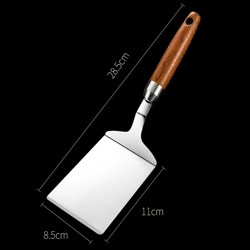 Stainless Steel BBQ Plate Grill Scraper Pancake Spatula With Wood Handle