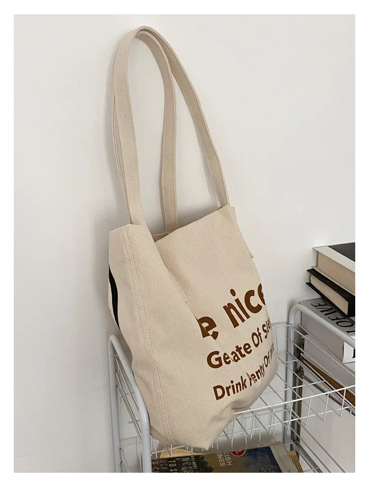 Casual BE NICE Letter Canvas Tote Beach Bags for Women Summer Shopping Purses 2023 New Big Capacity Striped Shoulder Bag
