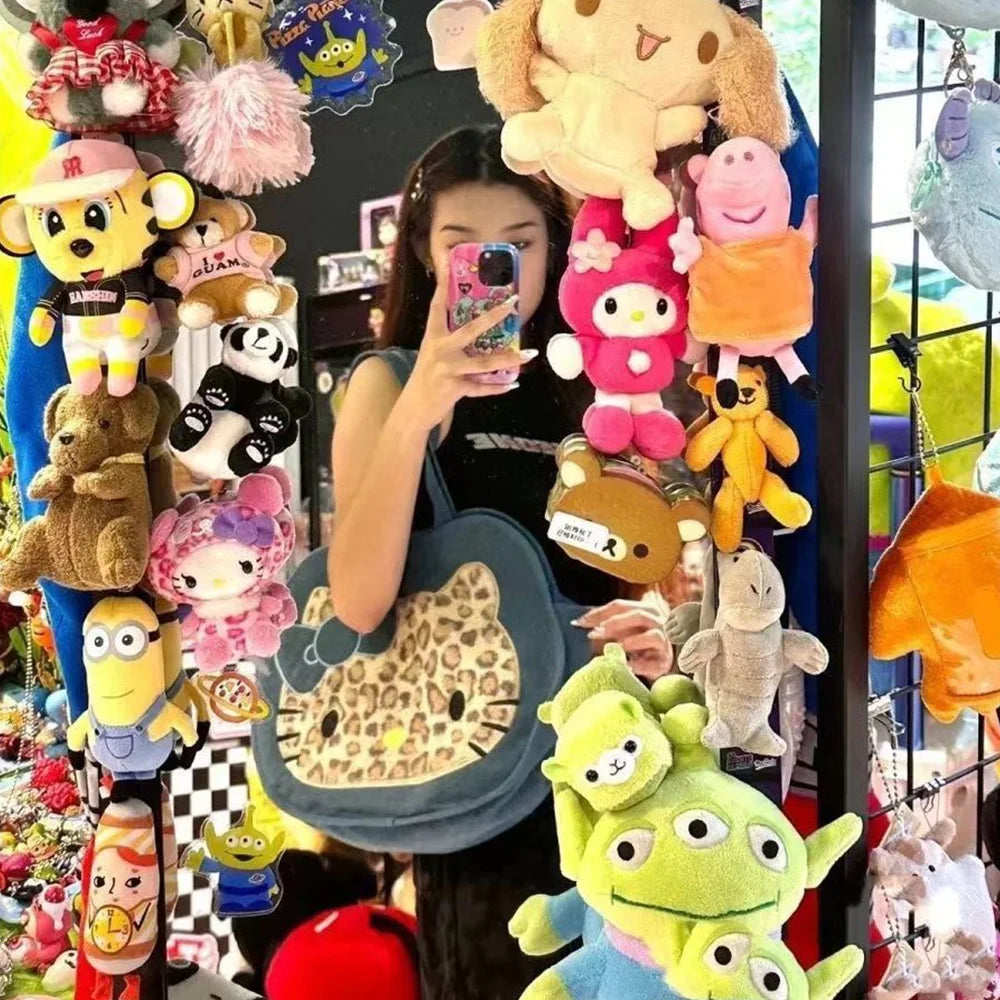 Leopard Hellokitty Denim Shoulder Bag Sanrio Cute Cartoon Bag Large Capacity Tote Women's Canvas Handbag Casual Satchel Backpack