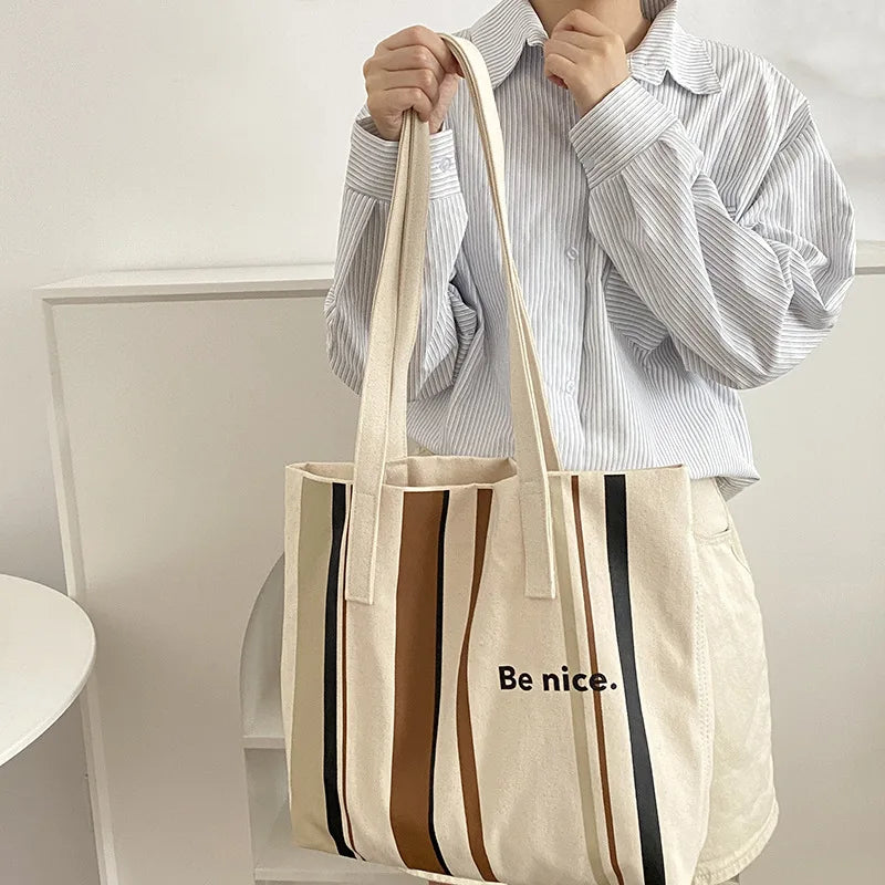 Casual BE NICE Letter Canvas Tote Beach Bags for Women Summer Shopping Purses 2023 New Big Capacity Striped Shoulder Bag