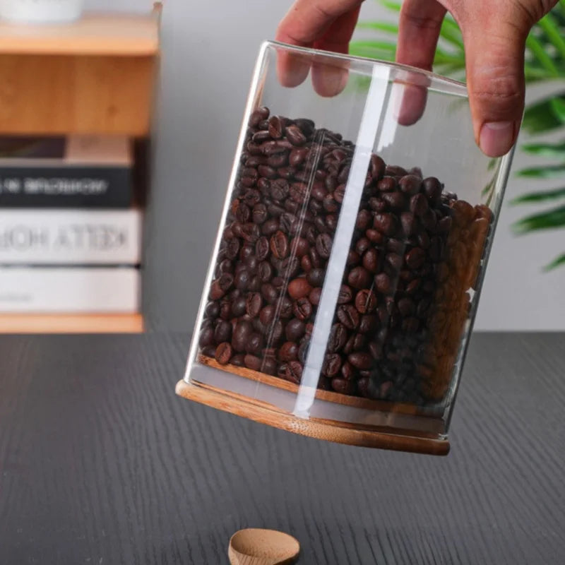 1pcs 1000/1200/1500ml Square Sealed Glass Storage Jars with Wooden Spoon,Coffee Bean,Tea,Grain,Seasoning Food Storage Containers