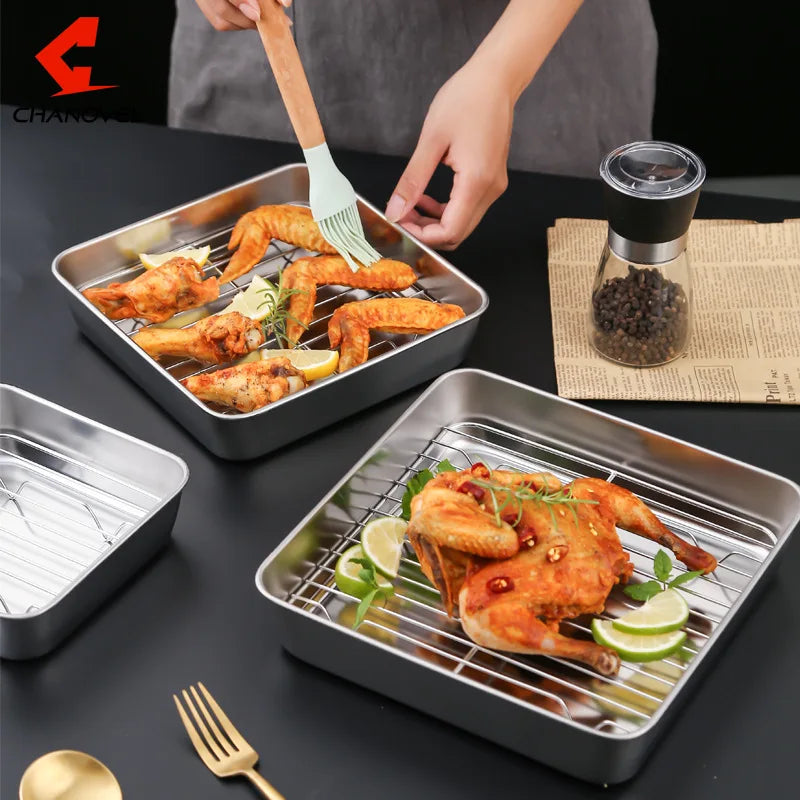 Square Stainless Steel Deepening Baking Tray Nonstick Cookie Bread Fruit Storage Plate with Grid Draining Dish Kitchen Utensils