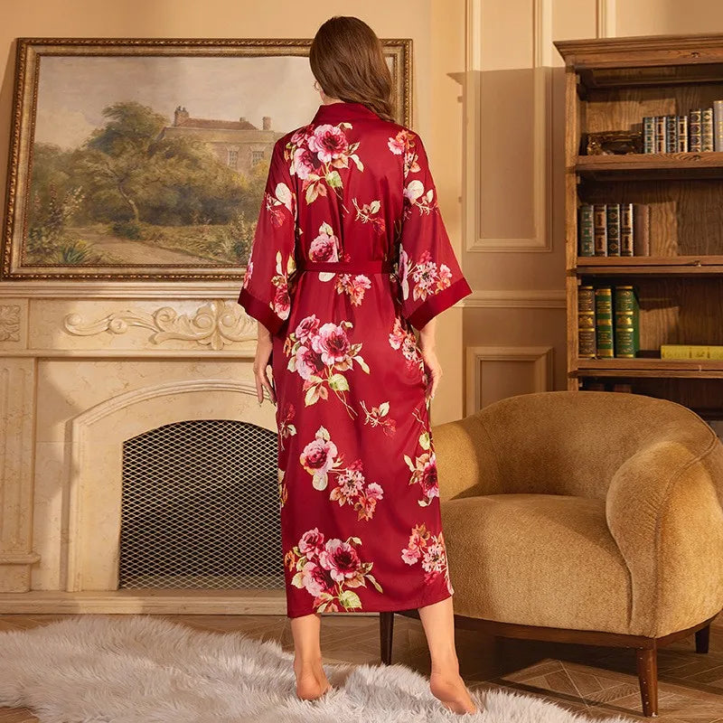 Large Size Bathrobe Kimono Print Women Bath Robe Nightgown Spring Summer Silky Satin Sleepwear Casual Dressing Gown Nightdress