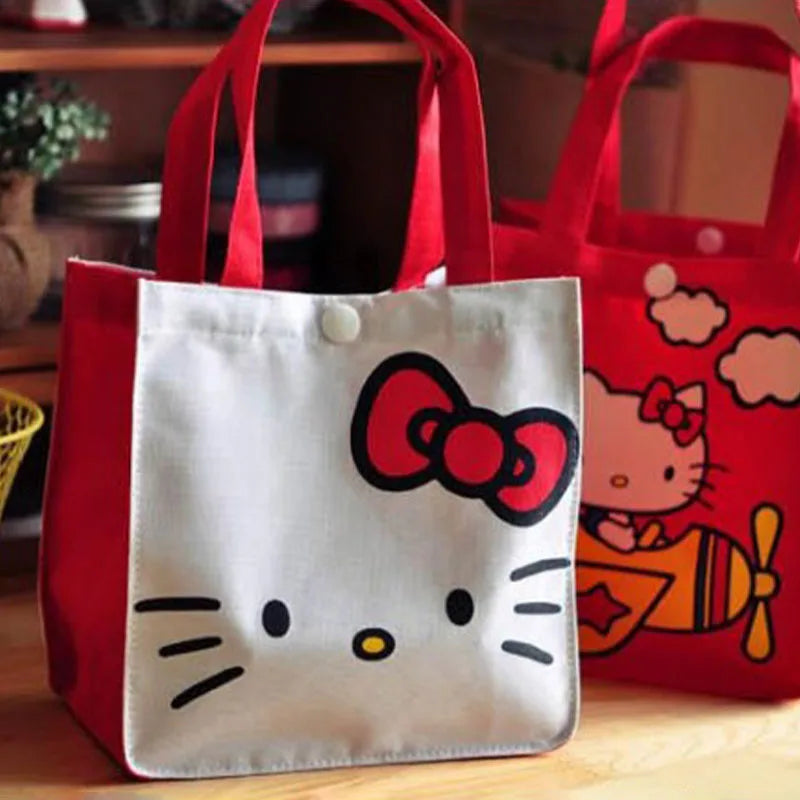 Kawaii Sanrio Hello Kitty Tote Canvas Bag Cartoon Anime Cute Women's Portable Lunch Bag Waterproof Cute Handbag Gifts Girls Toys