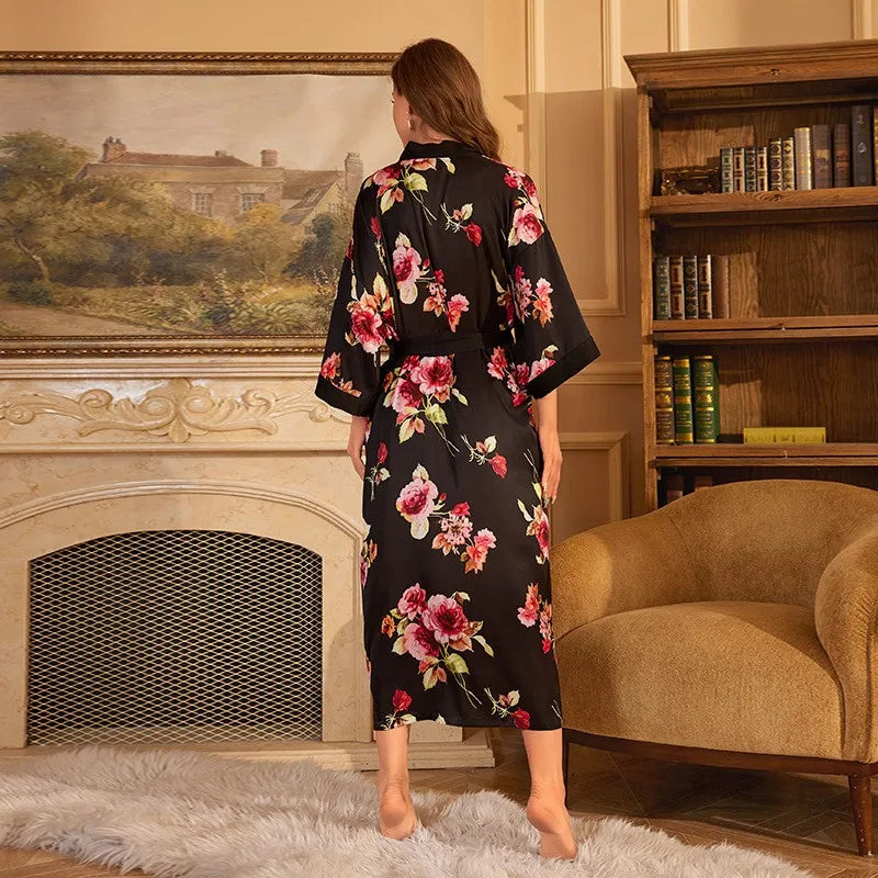 Large Size Bathrobe Kimono Print Women Bath Robe Nightgown Spring Summer Silky Satin Sleepwear Casual Dressing Gown Nightdress