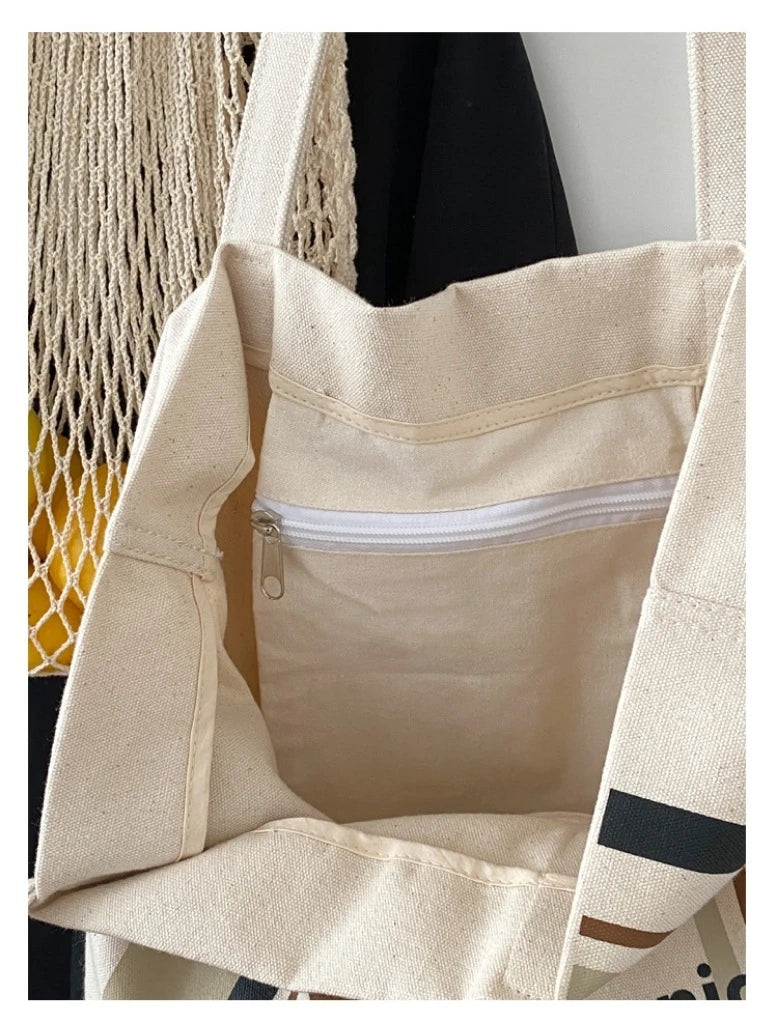 Casual BE NICE Letter Canvas Tote Beach Bags for Women Summer Shopping Purses 2023 New Big Capacity Striped Shoulder Bag