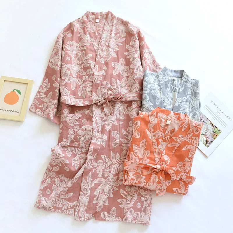 2024 Japanese Kimono Women's New 100% Cotton Loose Bathrobe Lace up Kimono Bathrobe Sweat Steaming Gown Pajama Ladies Sleepwear