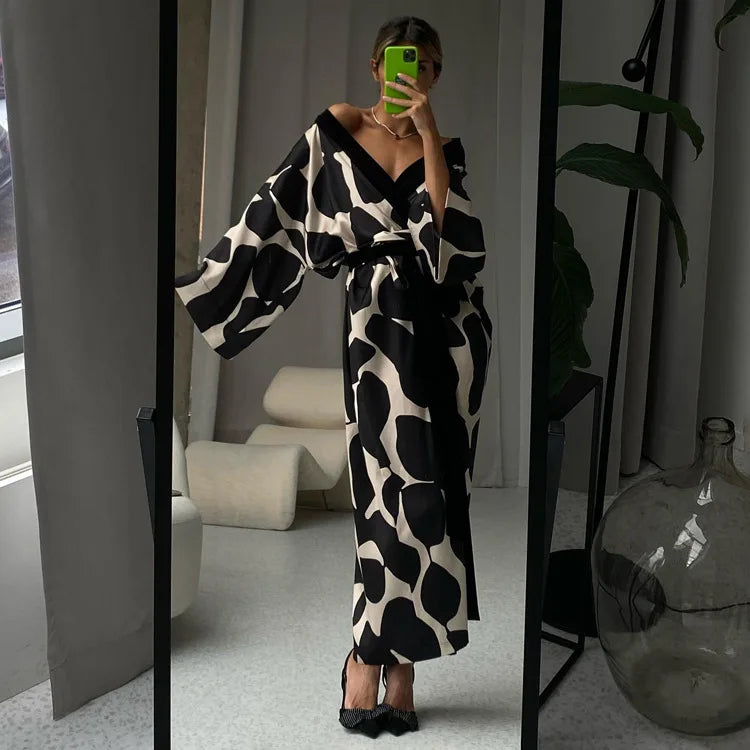 Print Long Lace-up Maxi Dress Spring Summer Nightgown Long Sleeve Kimono For Women Bathrobe Gown Sexy Home Robe Loungewear 2023