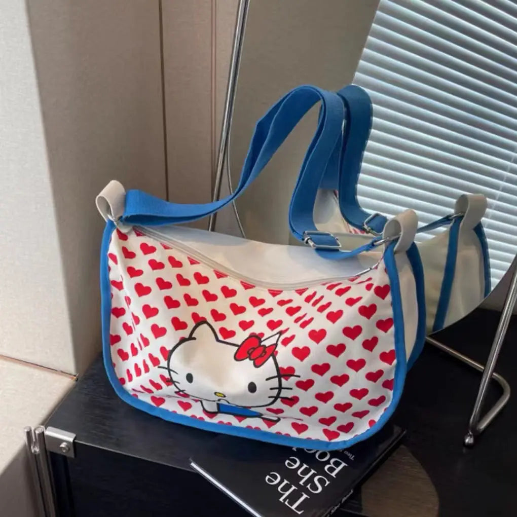 Hello Kitty Women's Tote Bag Sanrio Anime Underarm Bag Sweet Cute Portable HandBag Large Capacity Fashion Canvas Shoulder Bag ﻿