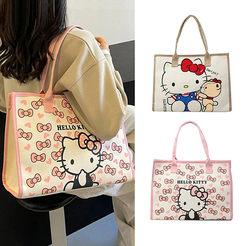 Hello Kitty Sanrio Y2k Tote Canvas Bag, Cute CanvasShoulder Bag, Cartoon Anime Handbag ForSchool Work Travel Shopping Schoolbag
