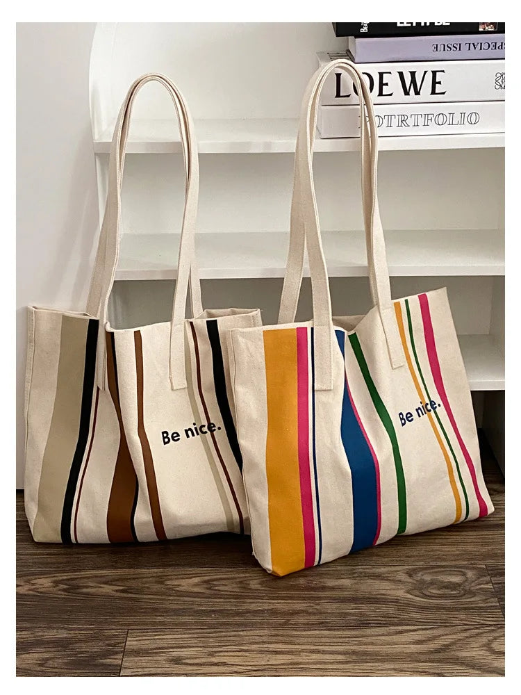 Casual BE NICE Letter Canvas Tote Beach Bags for Women Summer Shopping Purses 2023 New Big Capacity Striped Shoulder Bag