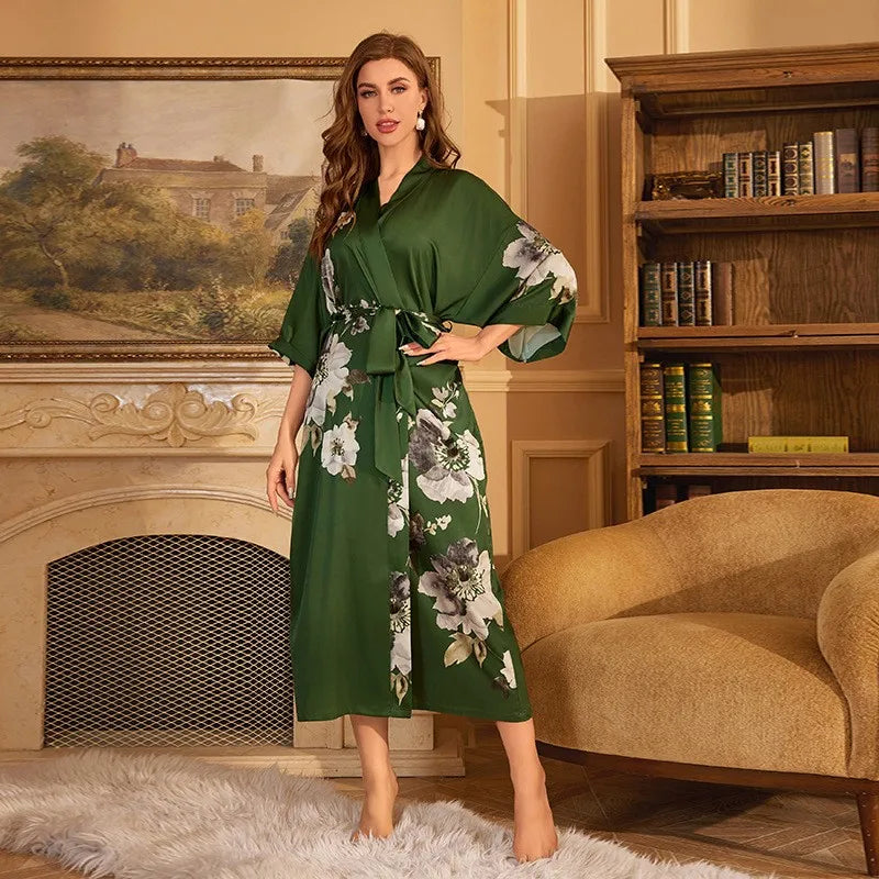 Large Size Bathrobe Kimono Print Women Bath Robe Nightgown Spring Summer Silky Satin Sleepwear Casual Dressing Gown Nightdress