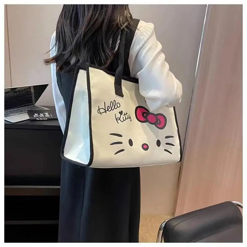 Kawaii Hello Kitty Shoulder Bag for Girls Y2K Hello Kitty Canvas Tote Bag Portable Business Package Fashion Big Laptop Bag Gifts