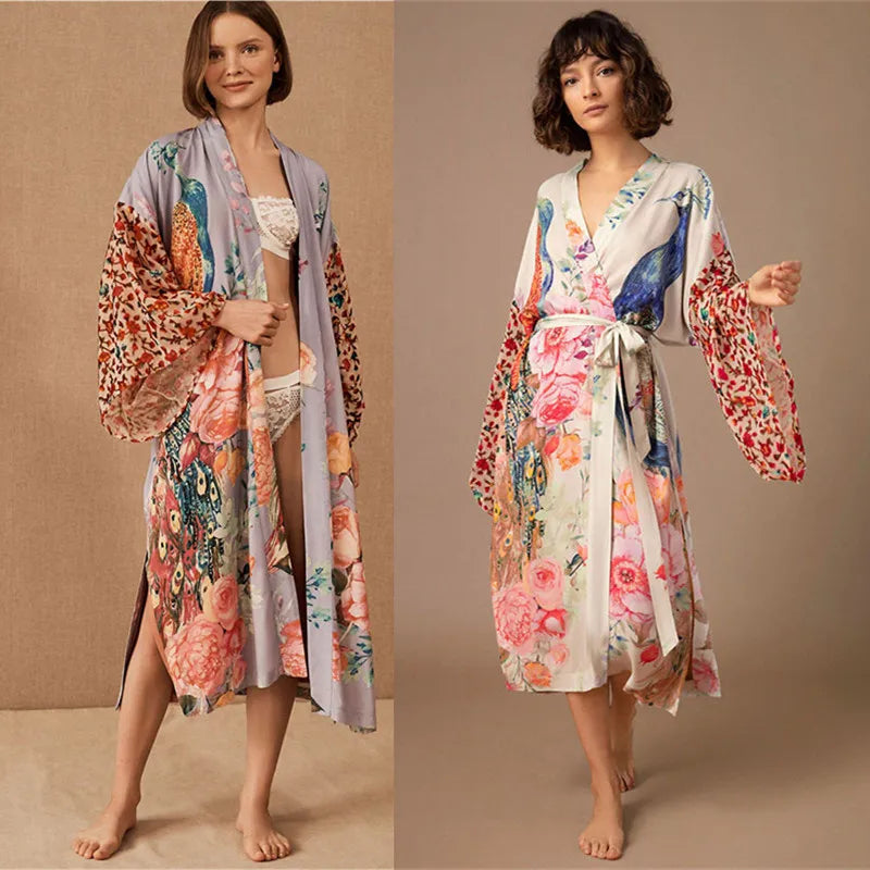Peacock print Bikini Cover-ups Boho Peacock Floral Print Front Open Long Kimono Beach Dress Cardigan Women Swim Suit Cover Up