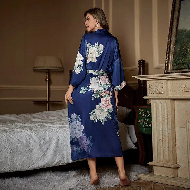 Large Size Bathrobe Kimono Print Women Bath Robe Nightgown Spring Summer Silky Satin Sleepwear Casual Dressing Gown Nightdress