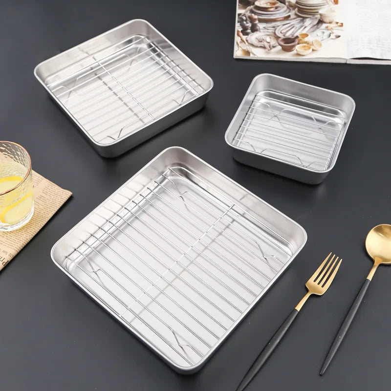 Square Stainless Steel Deepening Baking Tray Nonstick Cookie Bread Fruit Storage Plate with Grid Draining Dish Kitchen Utensils