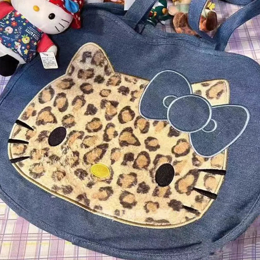 Leopard Hellokitty Denim Shoulder Bag Sanrio Cute Cartoon Bag Large Capacity Tote Women's Canvas Handbag Casual Satchel Backpack
