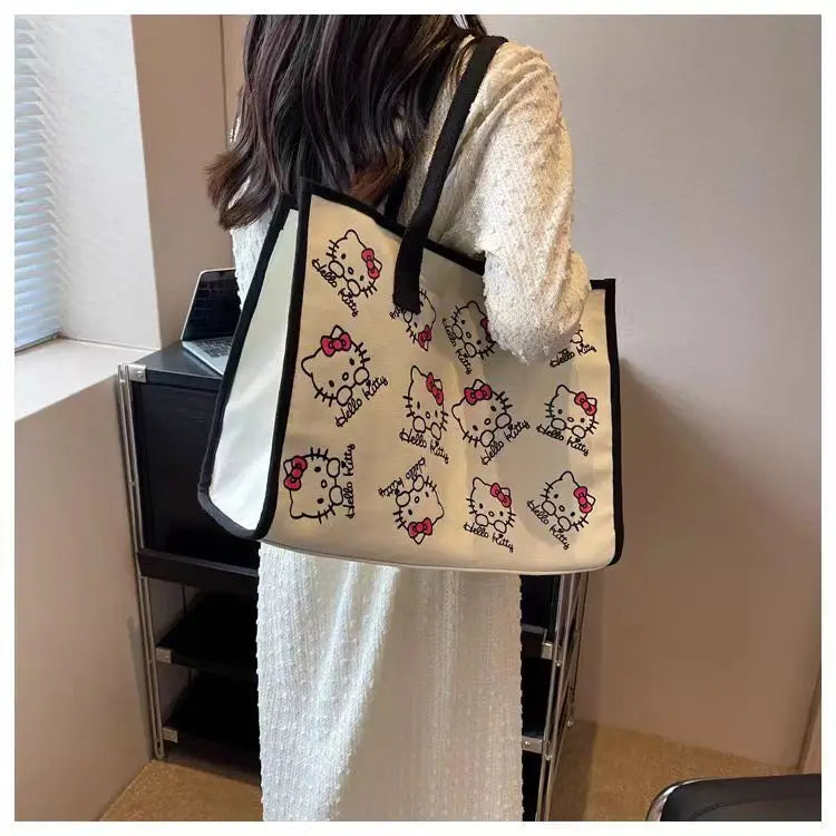Hello Kitty Sanrio Y2k Tote Canvas Bag, Cute CanvasShoulder Bag, Cartoon Anime Handbag ForSchool Work Travel Shopping Schoolbag