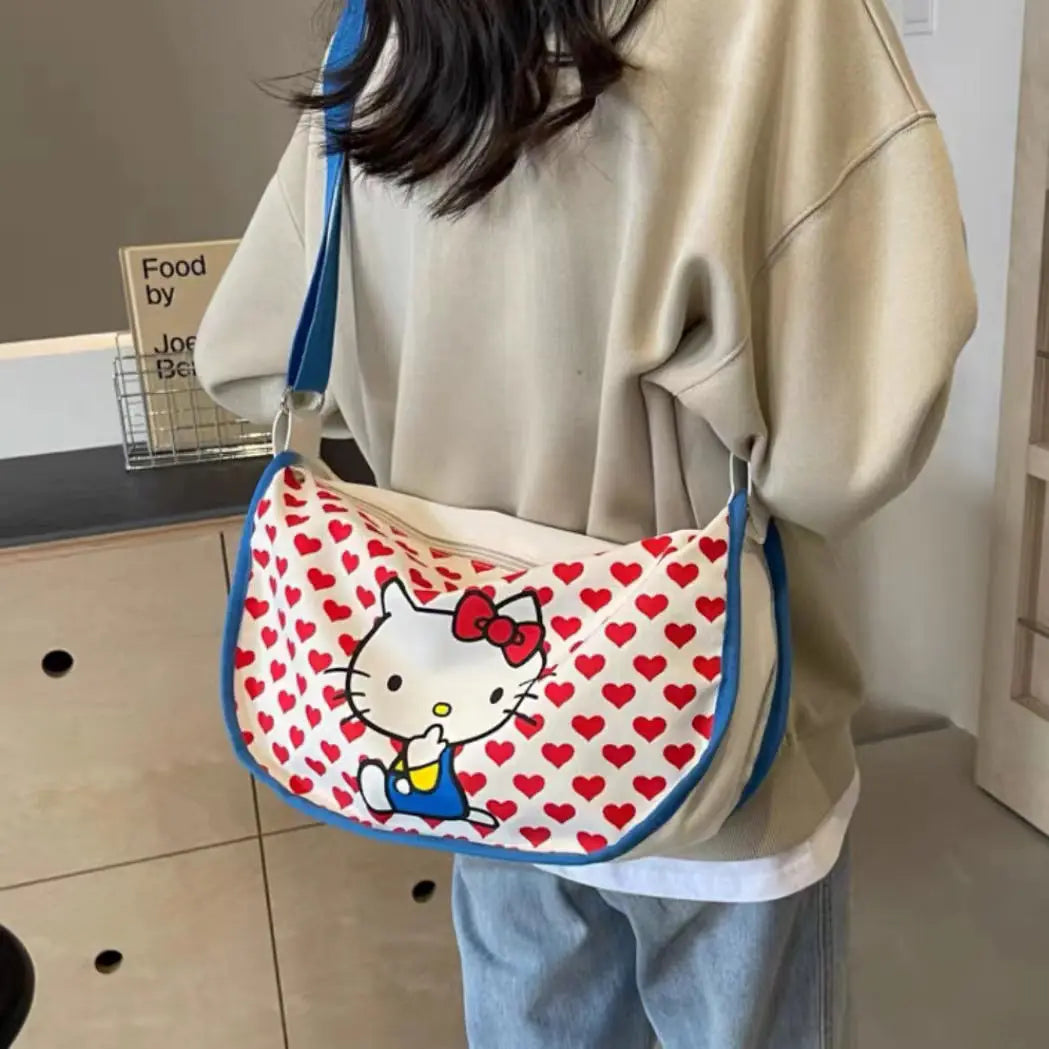 Hello Kitty Women's Tote Bag Sanrio Anime Underarm Bag Sweet Cute Portable HandBag Large Capacity Fashion Canvas Shoulder Bag ﻿