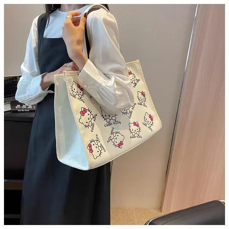 Hello Kitty Sanrio Y2k Tote Canvas Bag, Cute CanvasShoulder Bag, Cartoon Anime Handbag ForSchool Work Travel Shopping Schoolbag