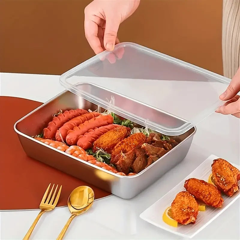 2pcs Stainless Steel Fresh-Keeping Durable Pan with Lid for Baking and Salad Microwave Safe Kitchen Utensils for Food Storage