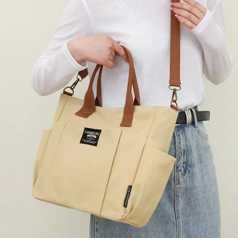 New Urban Minimalist Female Student Large Capacity Commuting Horizontal Canvas Single Shoulder Diagonal Cross Portable Tote Bag