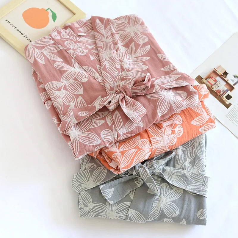 2024 Japanese Kimono Women's New 100% Cotton Loose Bathrobe Lace up Kimono Bathrobe Sweat Steaming Gown Pajama Ladies Sleepwear