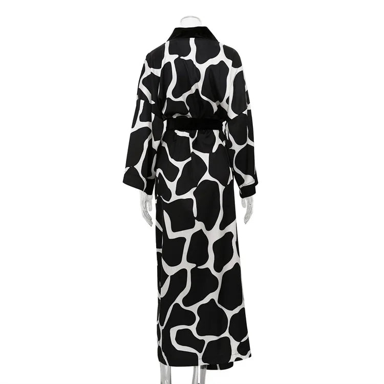 Print Long Lace-up Maxi Dress Spring Summer Nightgown Long Sleeve Kimono For Women Bathrobe Gown Sexy Home Robe Loungewear 2023