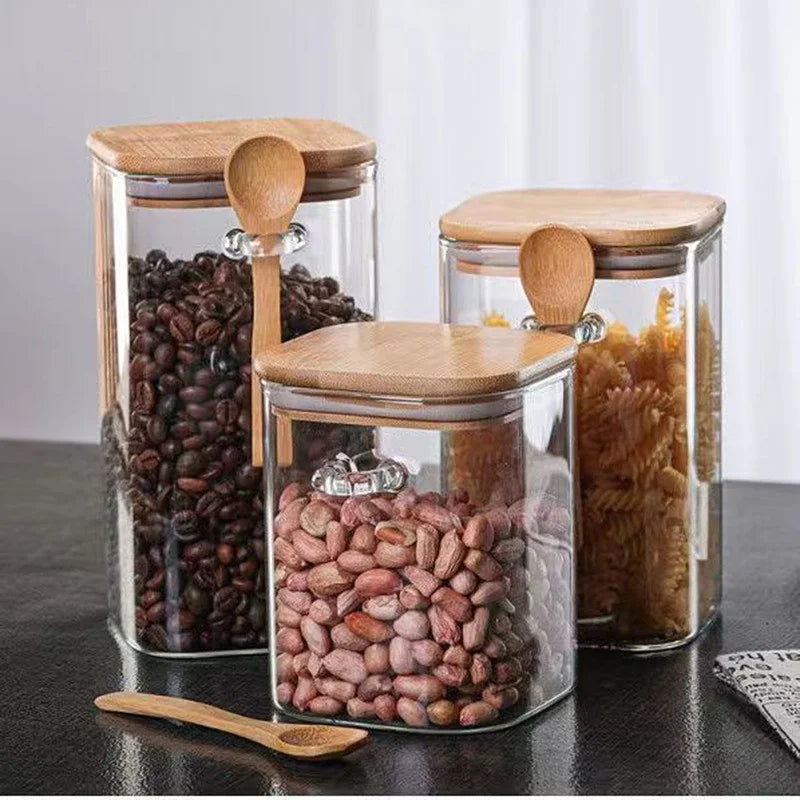 1pcs 1000/1200/1500ml Square Sealed Glass Storage Jars with Wooden Spoon,Coffee Bean,Tea,Grain,Seasoning Food Storage Containers
