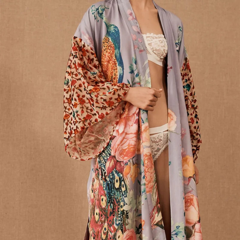 TEELYNN Cotton Kimono Cardigan Women Long Blouse Dresses 2022 Vintage Peacock Printed Summer Robe Tunic Tops Boho Beach Cover Up