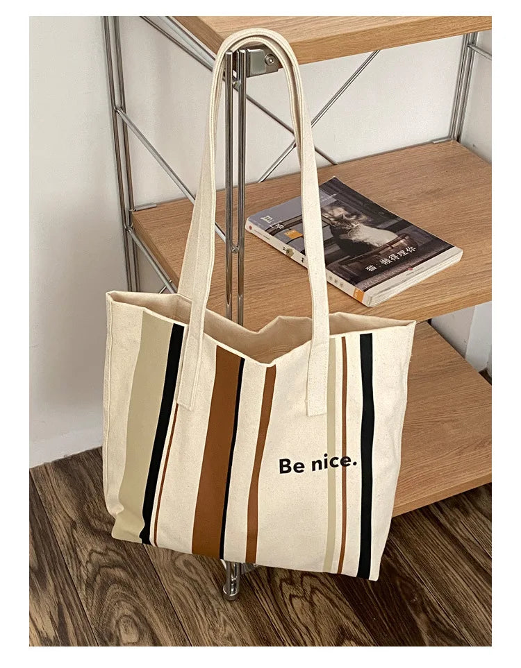 Casual BE NICE Letter Canvas Tote Beach Bags for Women Summer Shopping Purses 2023 New Big Capacity Striped Shoulder Bag