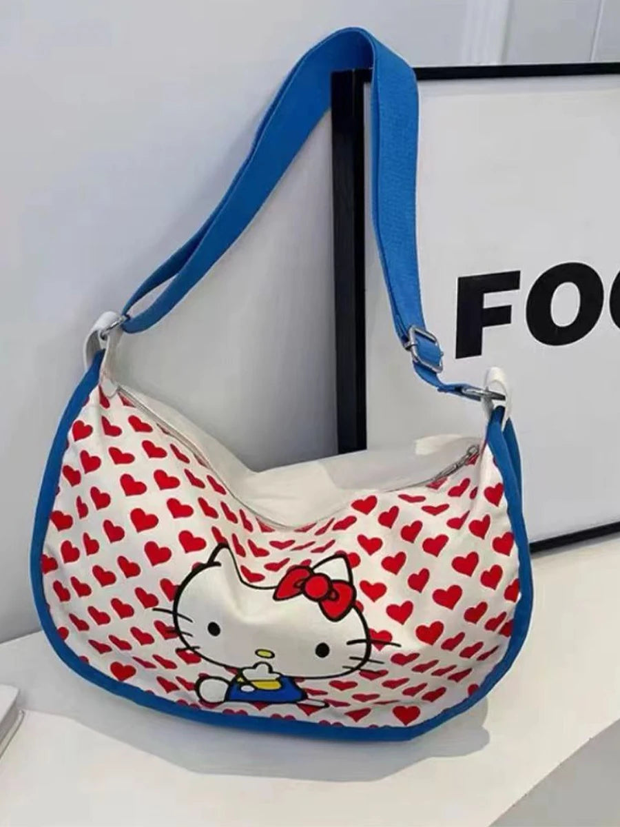 Hello Kitty Women's Tote Bag Sanrio Anime Underarm Bag Sweet Cute Portable HandBag Large Capacity Fashion Canvas Shoulder Bag ﻿