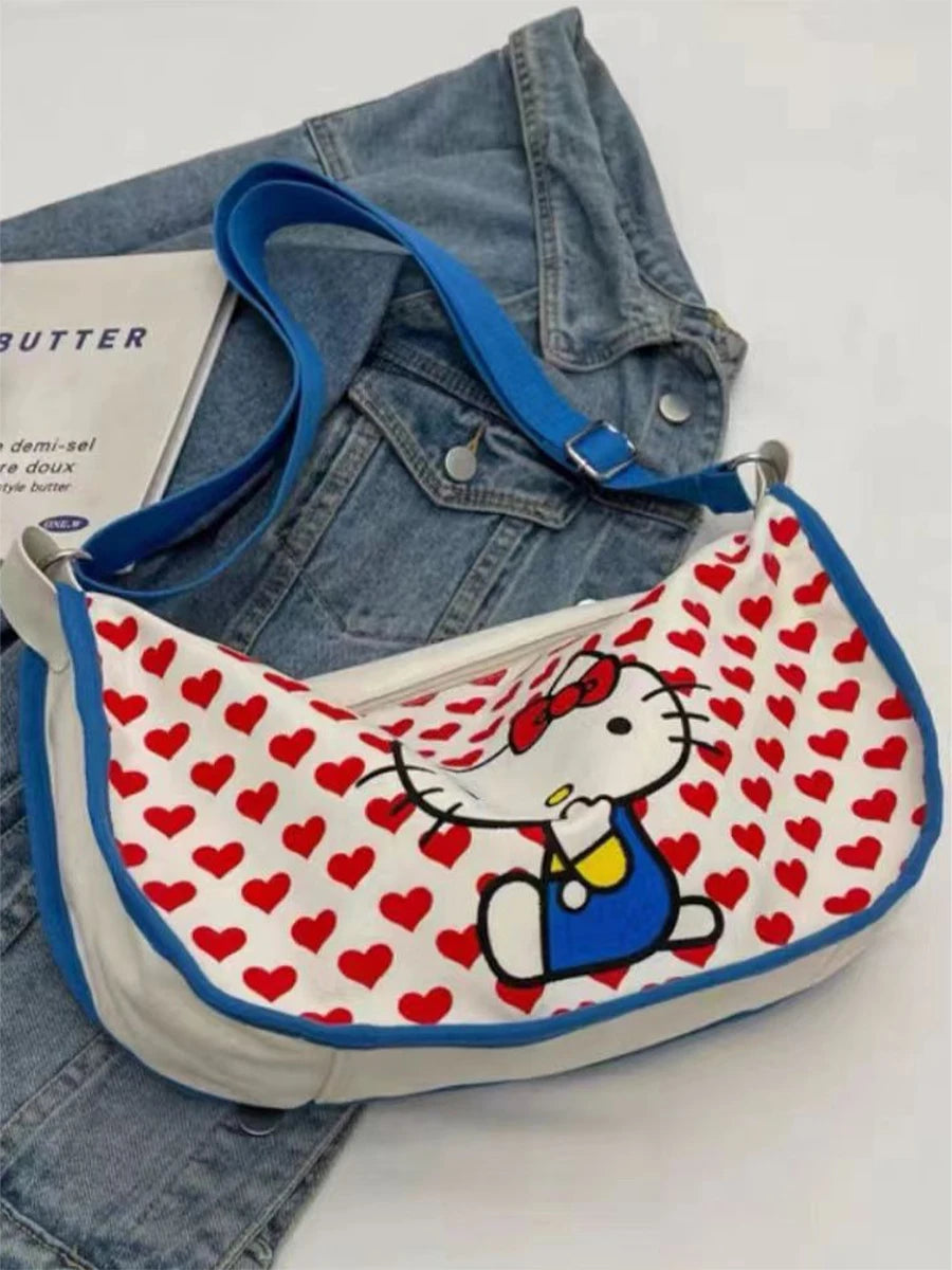 Hello Kitty Women's Tote Bag Sanrio Anime Underarm Bag Sweet Cute Portable HandBag Large Capacity Fashion Canvas Shoulder Bag ﻿