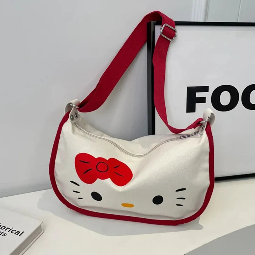 Hello Kitty Women's Tote Bag Sanrio Anime Underarm Bag Sweet Cute Portable HandBag Large Capacity Fashion Canvas Shoulder Bag ﻿