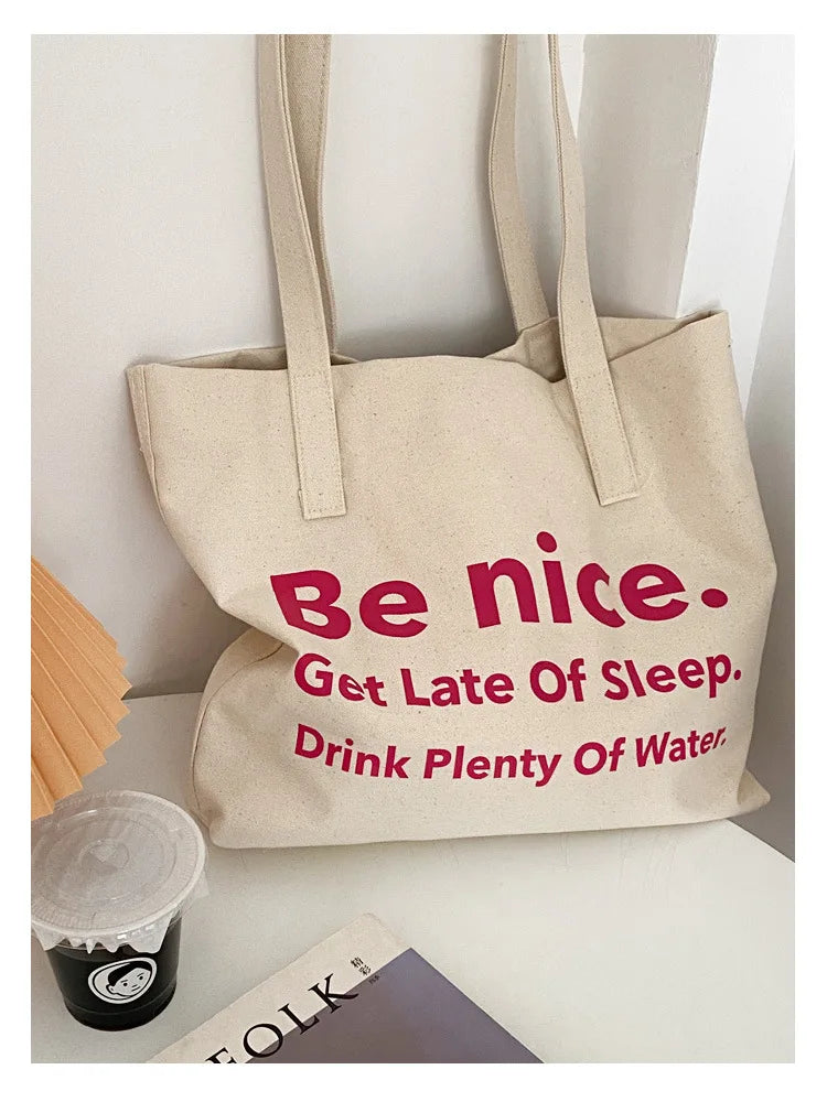 Casual BE NICE Letter Canvas Tote Beach Bags for Women Summer Shopping Purses 2023 New Big Capacity Striped Shoulder Bag