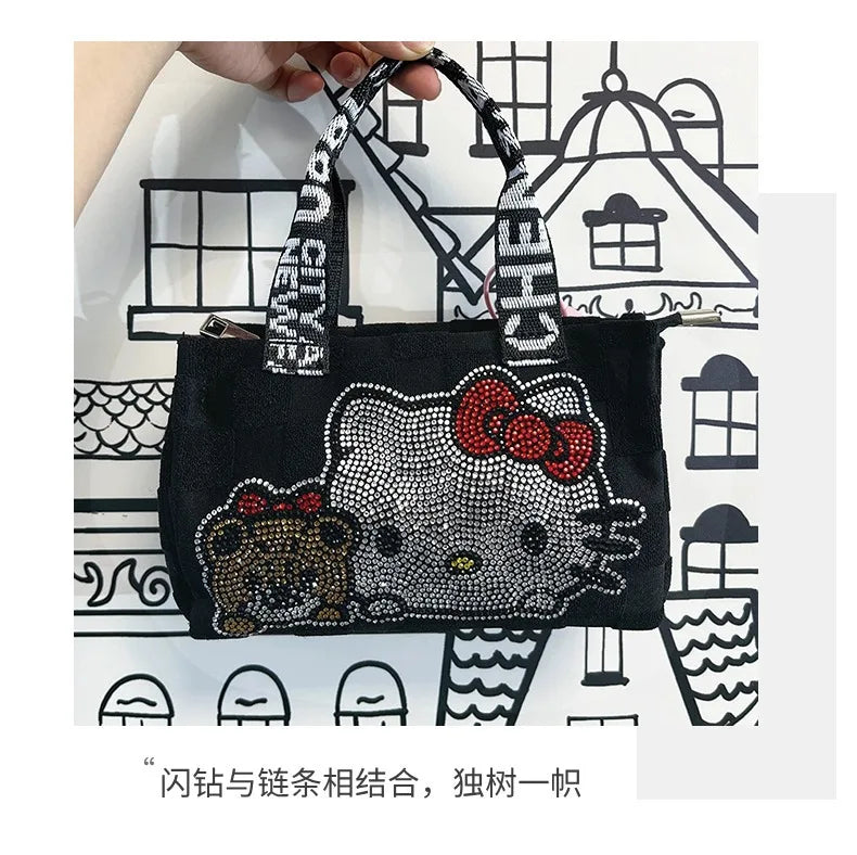 New Sanrio Hello Kitty Y2K Messenger Bag Girl Cute Cartoon Rhinestone Casual Versatile Handbag Canvas Tote Bag Holiday Gifts