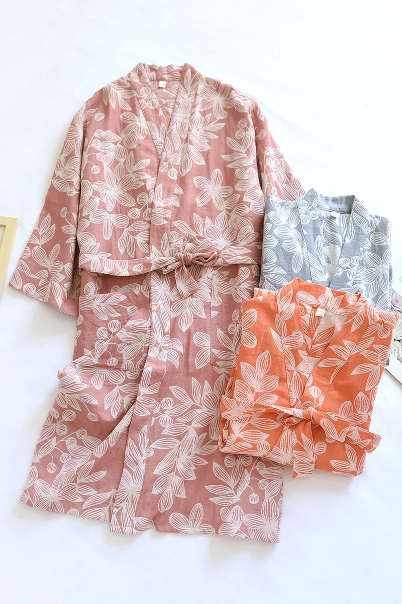 2024 Japanese Kimono Women's New 100% Cotton Loose Bathrobe Lace up Kimono Bathrobe Sweat Steaming Gown Pajama Ladies Sleepwear