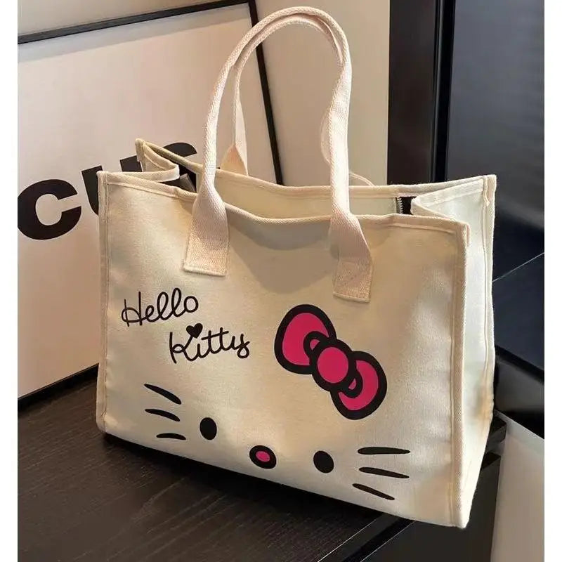 Kawaii Hello Kitty Shoulder Bag for Girls Y2K Hello Kitty Canvas Tote Bag Portable Business Package Fashion Big Laptop Bag Gifts
