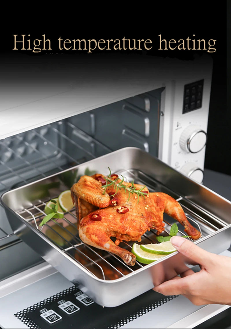 Square Stainless Steel Deepening Baking Tray Nonstick Cookie Bread Fruit Storage Plate with Grid Draining Dish Kitchen Utensils