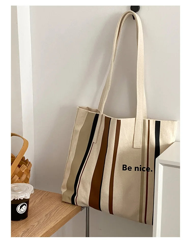 Casual BE NICE Letter Canvas Tote Beach Bags for Women Summer Shopping Purses 2023 New Big Capacity Striped Shoulder Bag