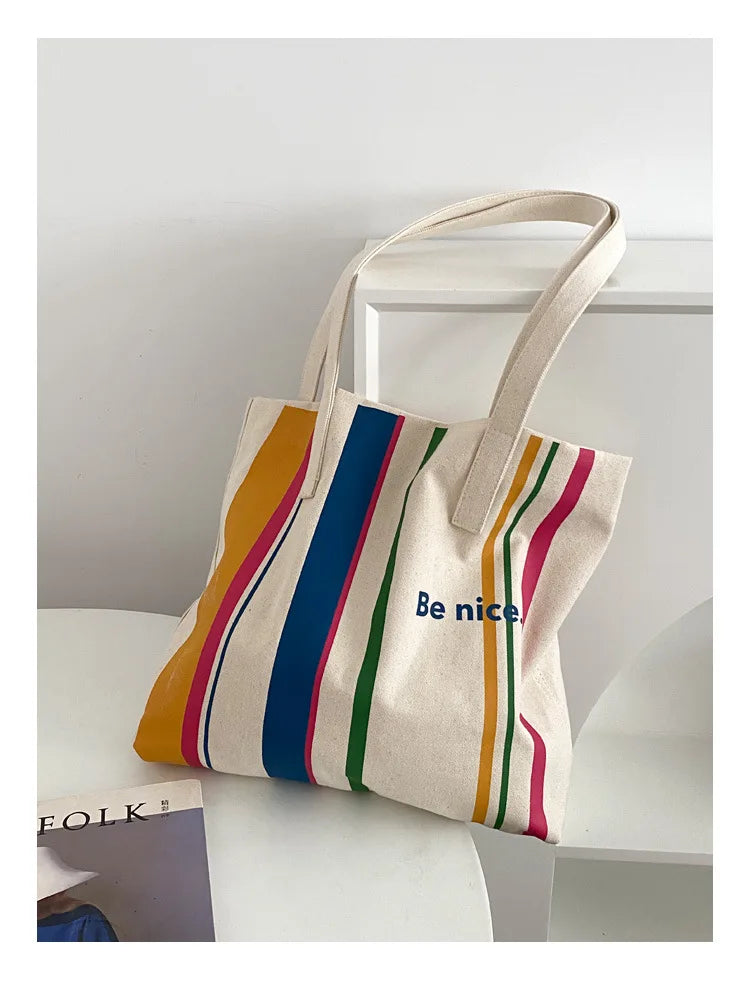 Casual BE NICE Letter Canvas Tote Beach Bags for Women Summer Shopping Purses 2023 New Big Capacity Striped Shoulder Bag